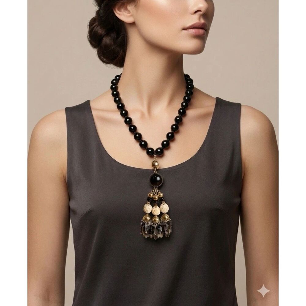 Ann Taylor LOFT Black Glass Bead Beaded Tassel Long Necklace Layering Statement